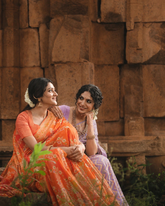 Orange Pure Chiffon Saree with Floral Meenakari Blooming Jaal Weave