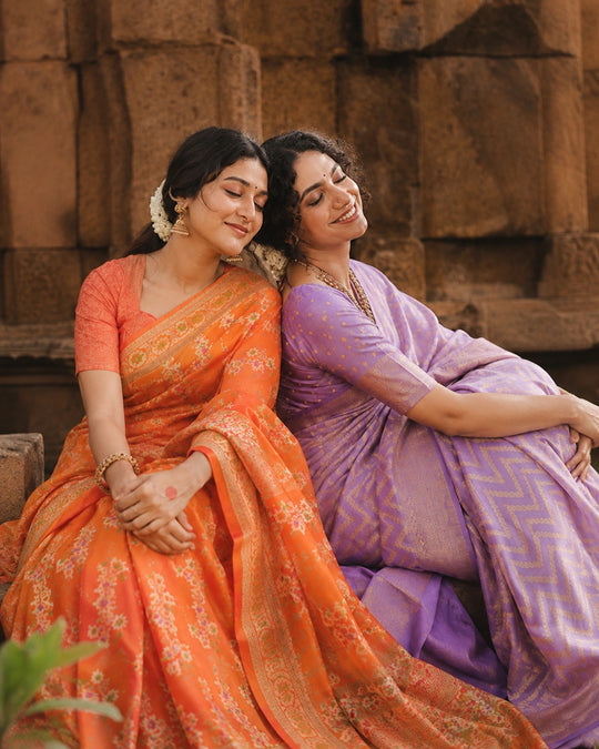 Orange Pure Chiffon Saree with Floral Meenakari Blooming Jaal Weave