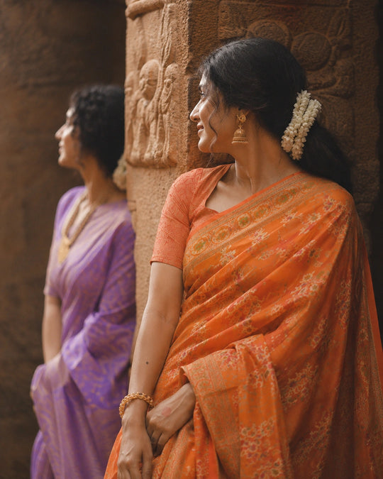 Orange Pure Chiffon Saree with Floral Meenakari Blooming Jaal Weave