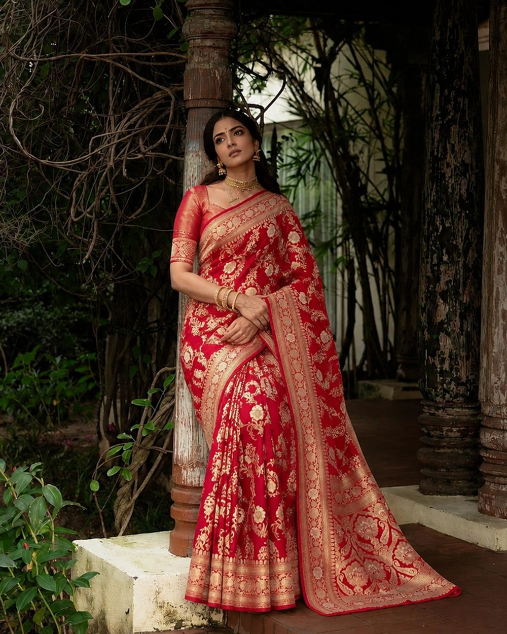 Red Pure Katan Saree with Traditional Mughal-Style Florals Weaves