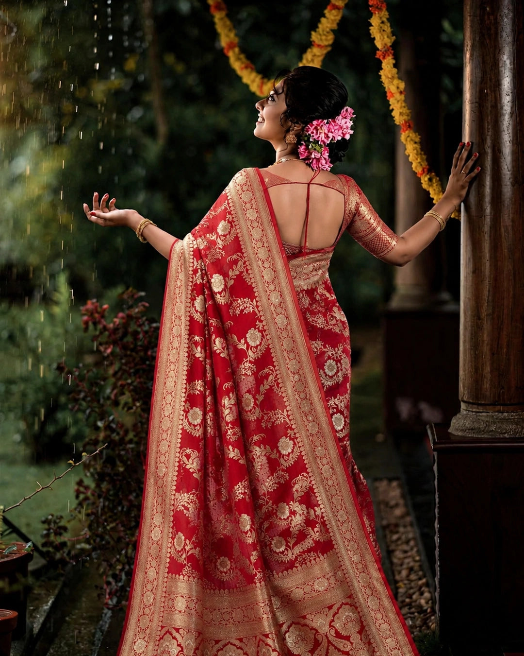 Red Pure Katan Saree with Traditional Mughal-Style Florals Weaves