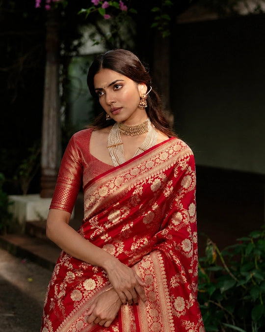 Red Pure Katan Saree with Traditional Mughal-Style Florals Weaves