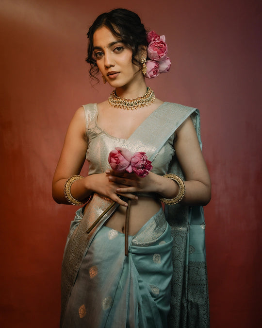 Aqua Green Pure Banarasi Saree with Delicate Buti and Broad Border
