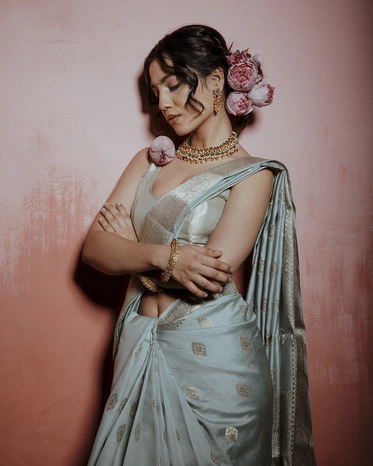 Aqua Green Pure Banarasi Saree with Delicate Buti and Broad Border