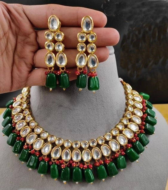 Gold Plated Kundan Studded Red & Green Beaded Choker Set