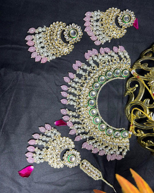 Luxury Gold Plated Kundan & Pink Beaded Necklace Set