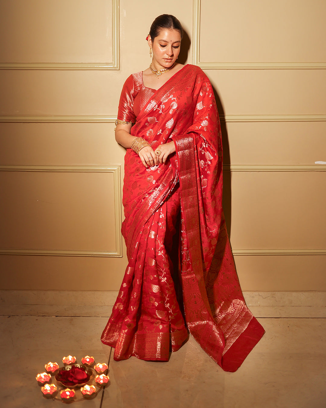 Ruby Red Banarasi Hadnwoven Saree With Cutwork Zari Jaal