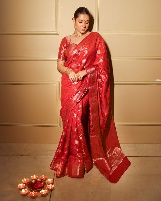 Ruby Red Banarasi Handloom Saree With Cutwork Zari Jaal