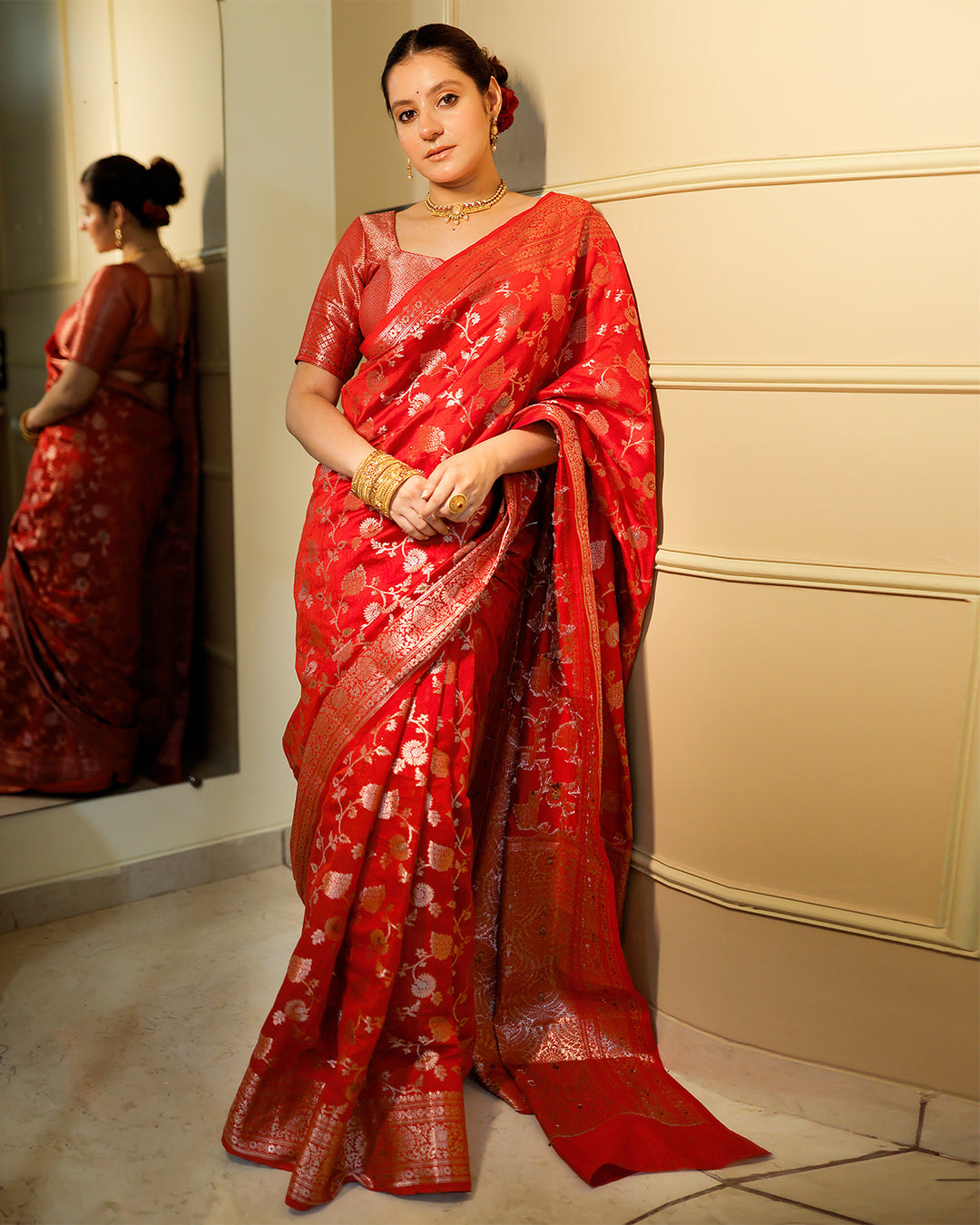 Ruby Red Banarasi Hadnwoven Saree With Cutwork Zari Jaal