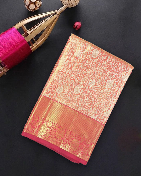 Coral Pink Pure Kanjivaram Saree with Dense Botanical Vine Jaal Weaves