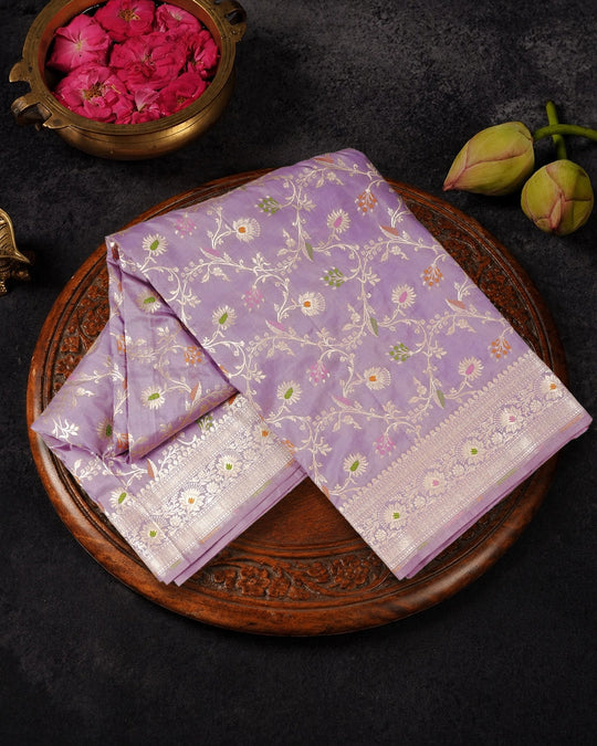 Lavender Pure Katan Saree with Subtle Floral Meenakari Jaal Weaving