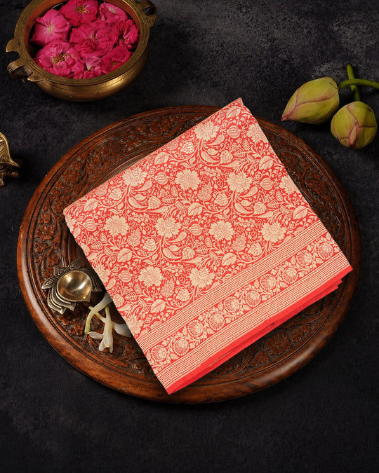 Red Pure Katan Saree with Detailed Rich Floral Vine Jaal Weaving