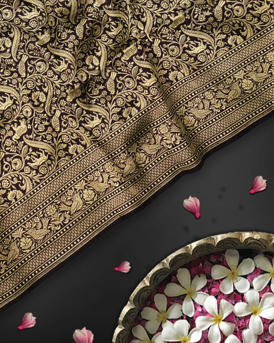 Dark Purple Pure Katan Saree with Royal Shikargah Jaal Weaving