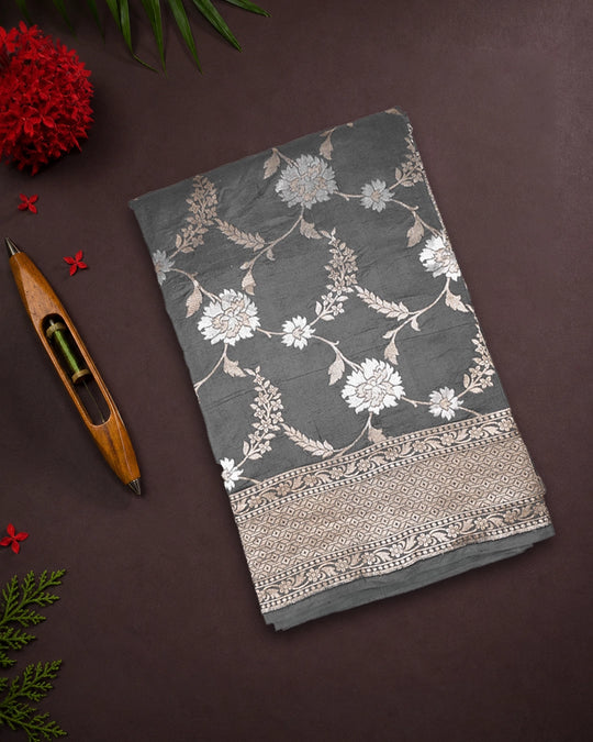Moonstone Grey Pure Katan Saree with Heritage Meenakari Jaal Weaves