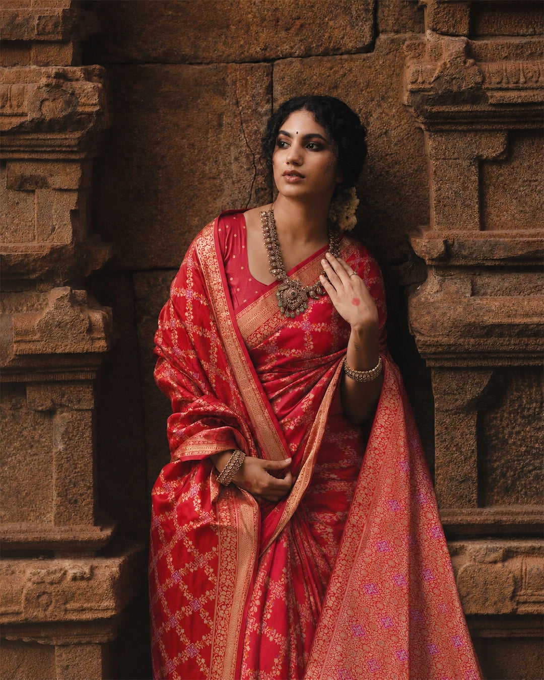 Red Pure Banarasi Saree with Multicolour Floral Meenakari Diamond Weaving