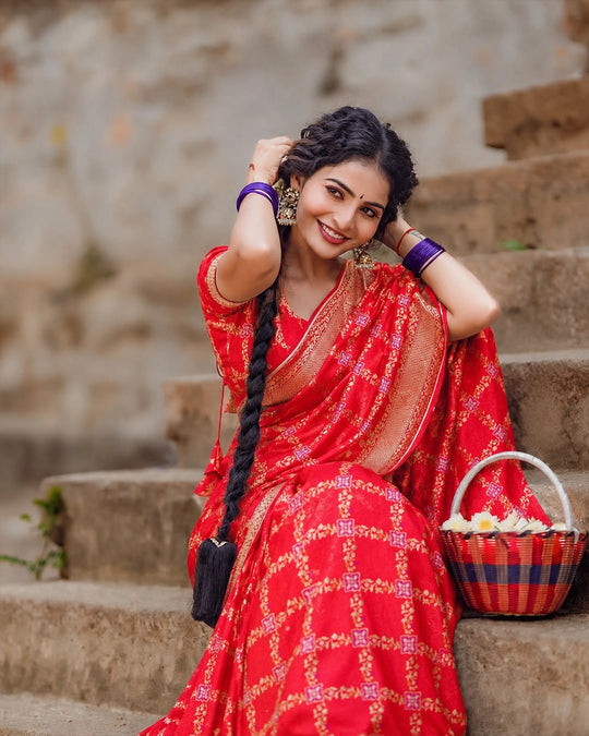 Red Pure Banarasi Saree with Multicolour Floral Meenakari Diamond Weaving