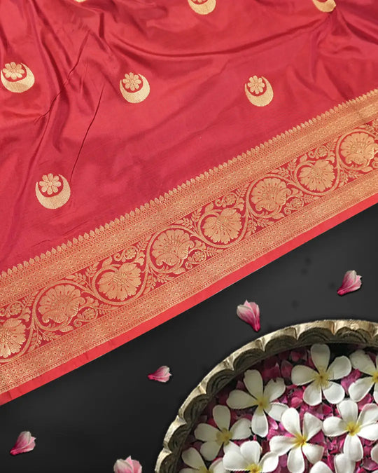 Maroon Pure Katan Saree with Chand Butta Weaves and Jangla Border