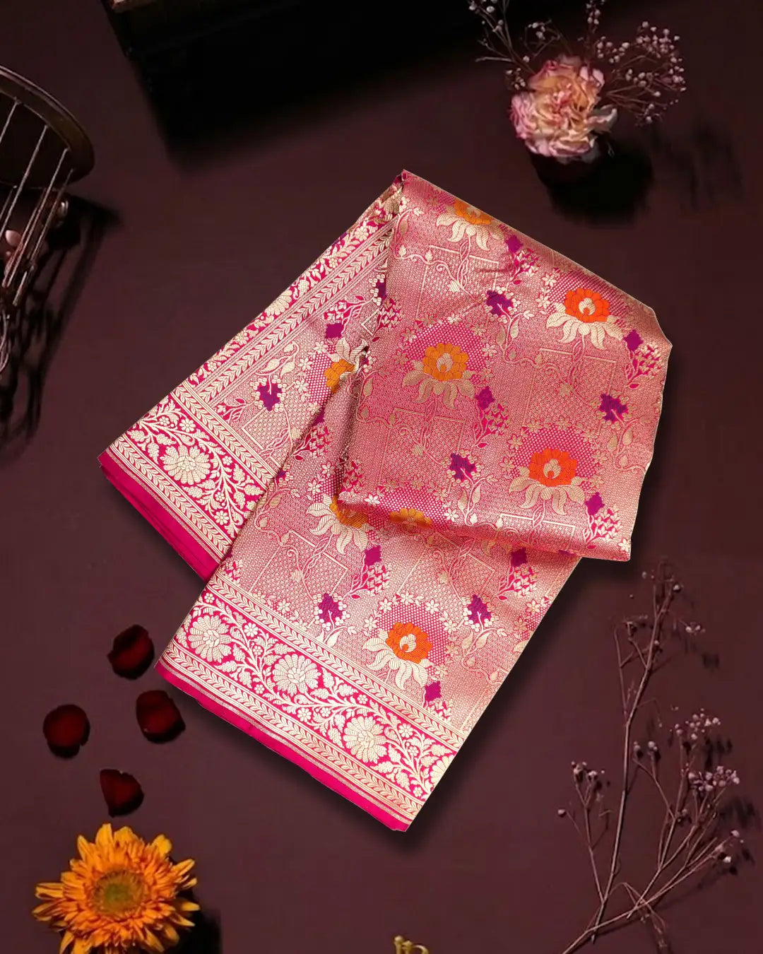 Pink Pure Katan Saree with Classic Floral Meenakari Weave