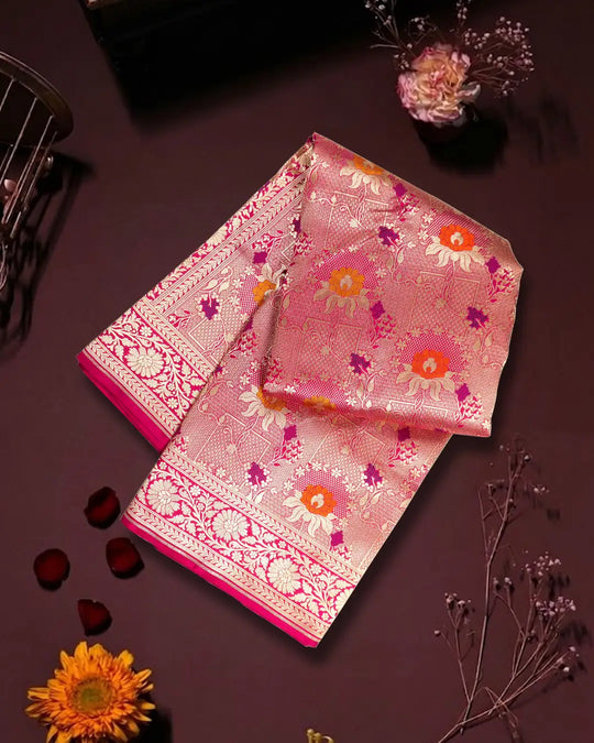 Pink Pure Katan Saree with Classic Floral Meenakari Weave