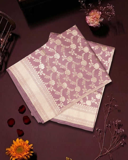 Dusty Rose Pink Pure Katan Saree with Floral Vine Jaal Weaving