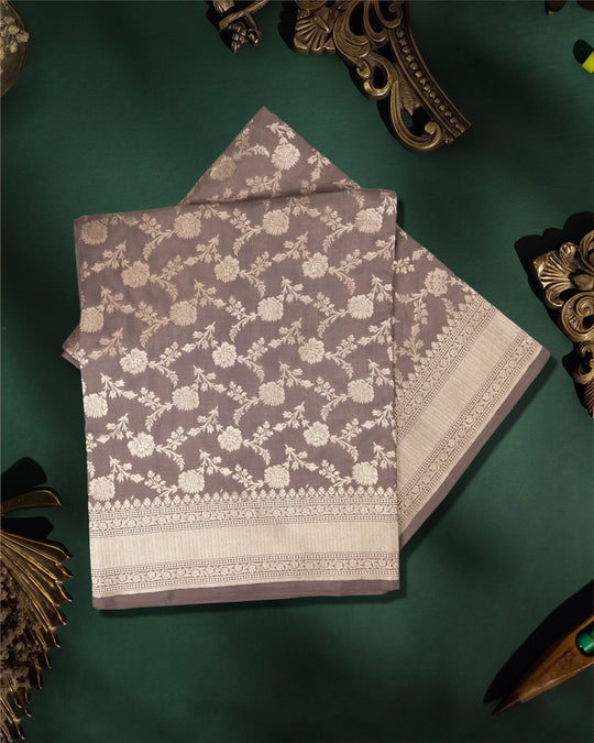 Deep Taupe Pure Katan Saree with Floral Jaal Weaving