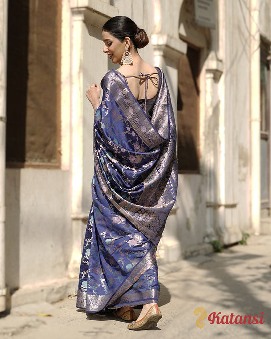 Royal Midnight Blue Banarasi Silk Saree with Intricate Real Zari Work and Timeless Floral Patterns