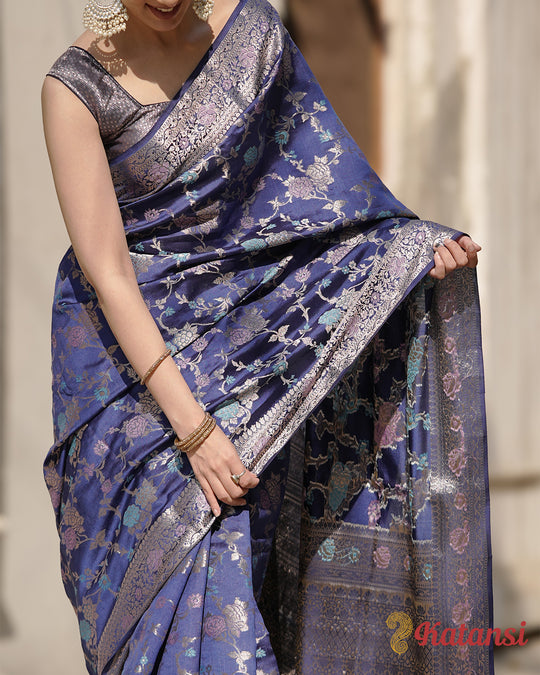 Royal Midnight Blue Banarasi Silk Saree with Intricate Real Zari Work and Timeless Floral Patterns