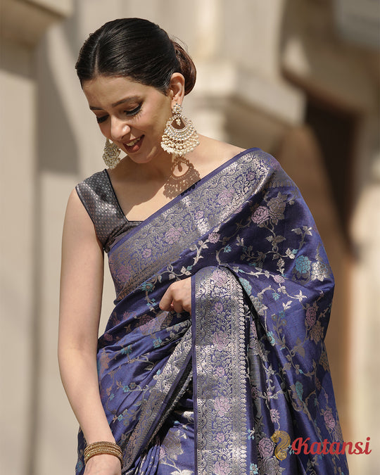 Royal Midnight Blue Banarasi Silk Saree with Intricate Real Zari Work and Timeless Floral Patterns