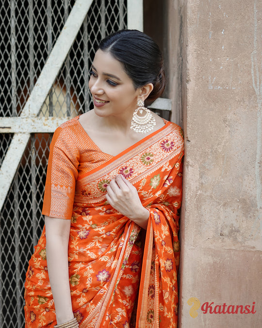 Glorious Orange Sunset Hues Pure Chiffon Saree with Luxurious Floral Weaves Patterns