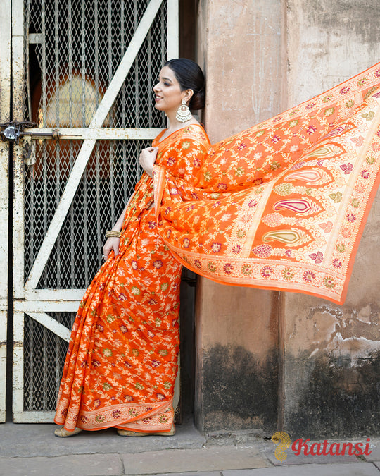 Glorious Orange Sunset Hues Pure Chiffon Saree with Luxurious Floral Weaves Patterns