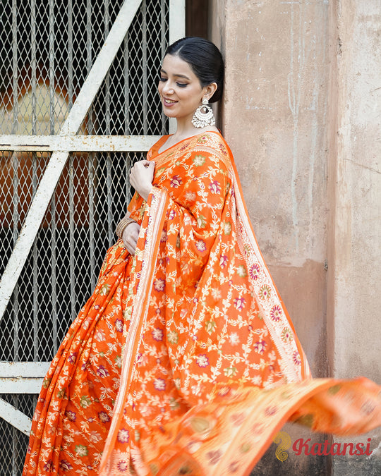 Glorious Orange Sunset Hues Pure Chiffon Saree with Luxurious Floral Weaves Patterns