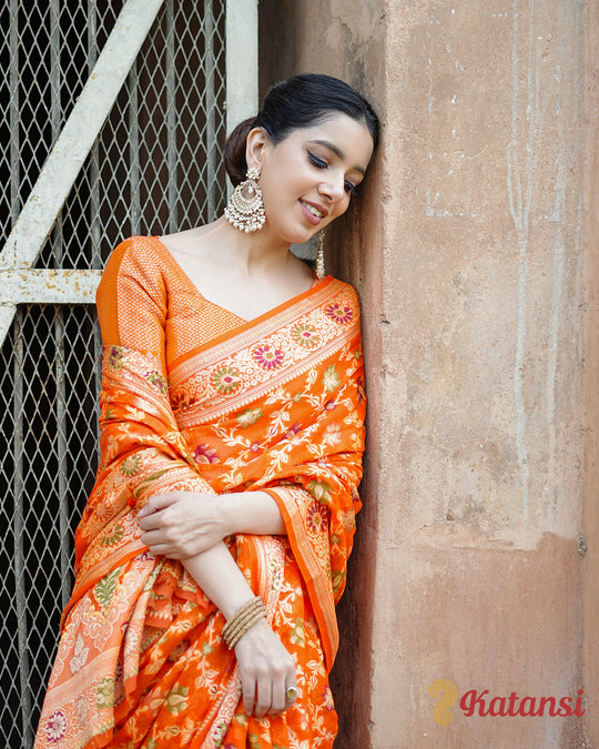 Glorious Orange Sunset Hues Pure Chiffon Saree with Luxurious Floral Weaves Patterns