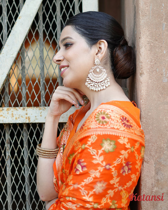 Glorious Orange Sunset Hues Pure Chiffon Saree with Luxurious Floral Weaves Patterns