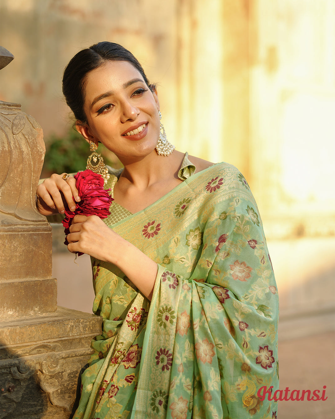 Royal Pure Chiffon Saree in Light Green with Majestic Chevron Weaves and Floral Patterns