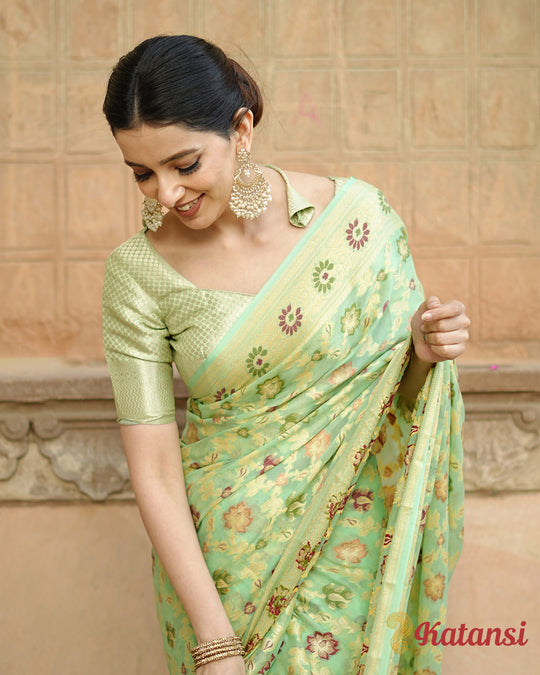 Royal Pure Chiffon Saree in Light Green with Majestic Chevron Weaves and Floral Patterns