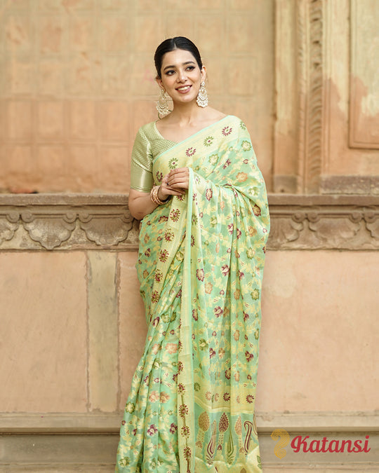 Royal Pure Chiffon Saree in Light Green with Majestic Chevron Weaves and Floral Patterns