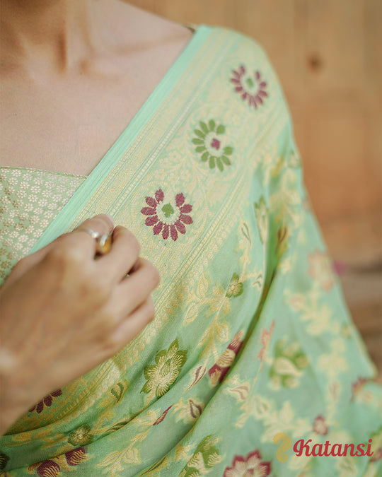 Royal Pure Chiffon Saree in Light Green with Majestic Chevron Weaves and Floral Patterns