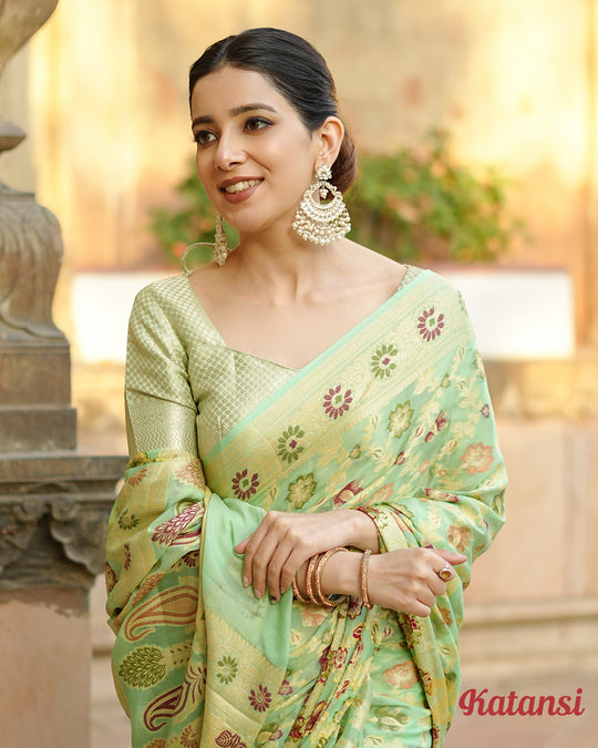 Royal Pure Chiffon Saree in Light Green with Majestic Chevron Weaves and Floral Patterns