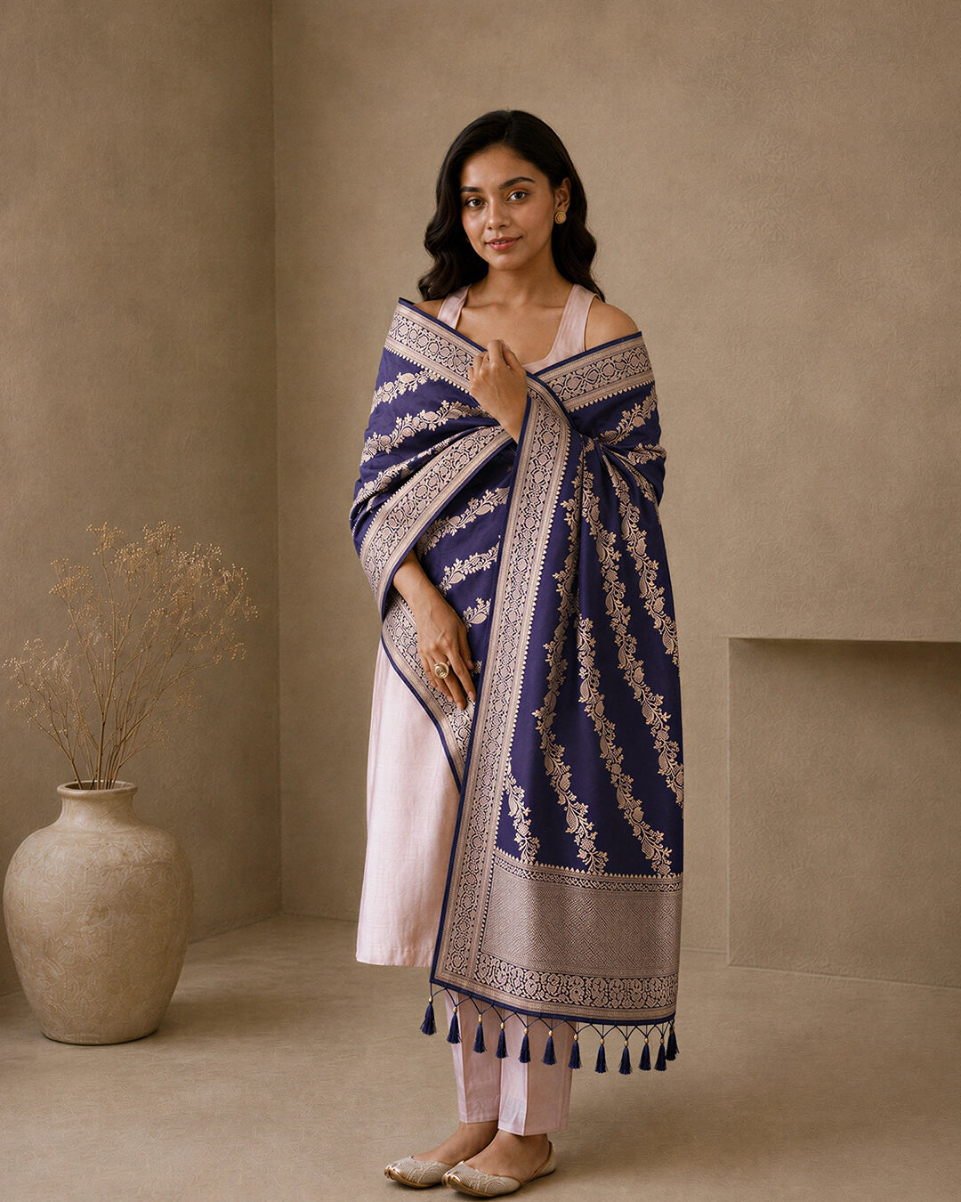 Royal Navy Pure Katan Dupatta with Diagonal Floral Zari Bel Weaving