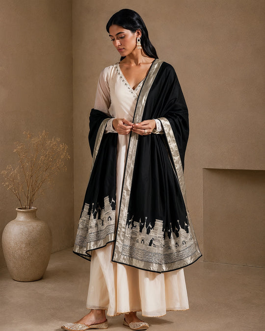 Black Pure Katan Dupatta with Heritage Kashi Skyline Weaving