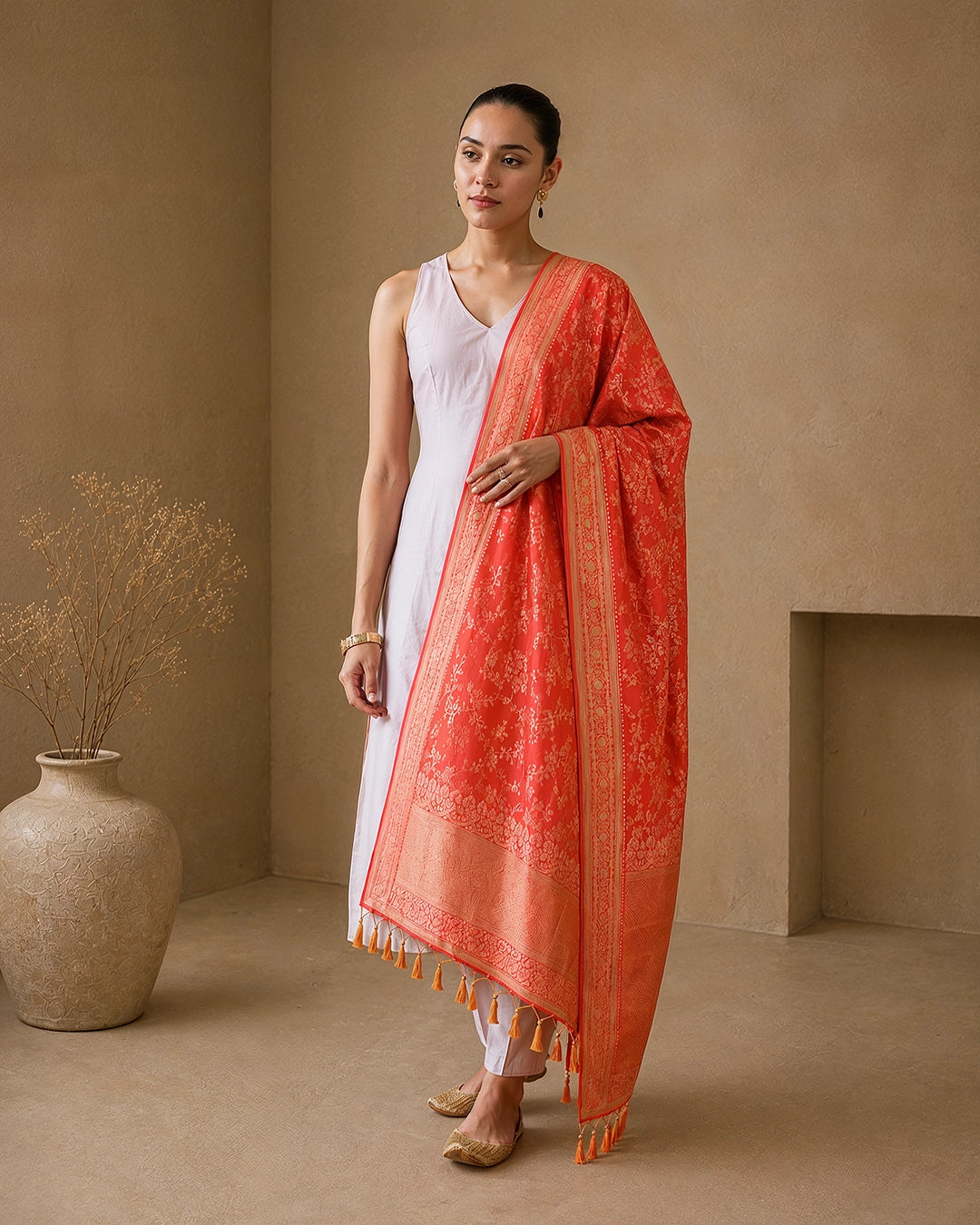 Coral Orange Pure Katan Dupatta with Meenakari Floral Jaal Weaving