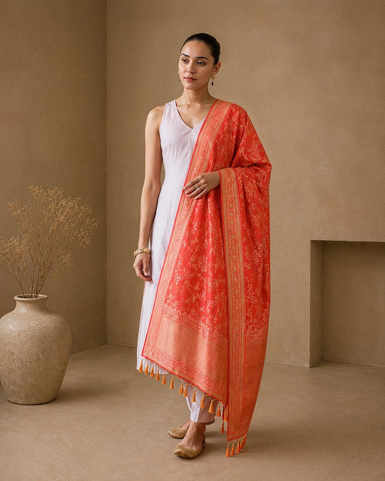 Coral Orange Pure Katan Dupatta with Meenakari Floral Jaal Weaving