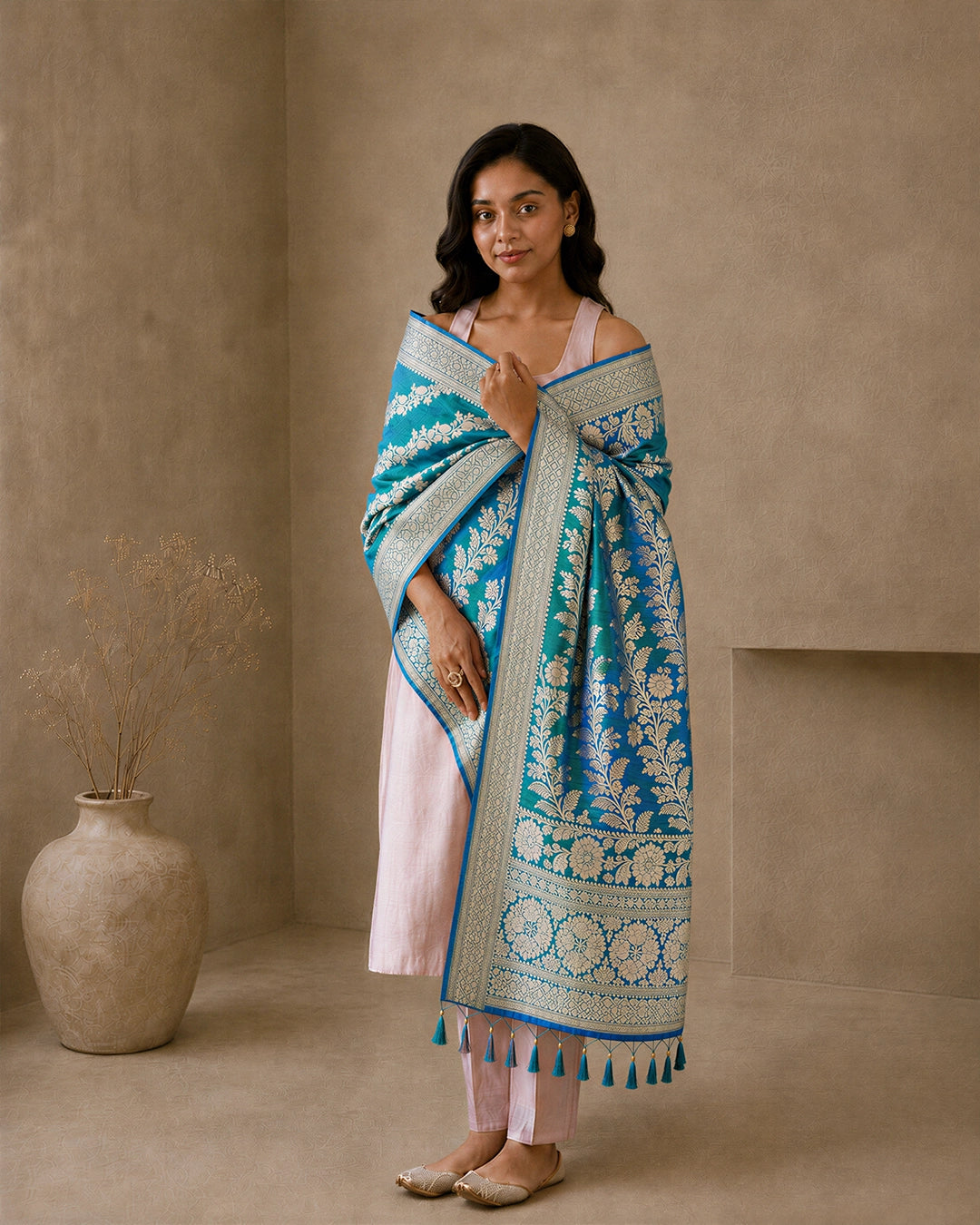 Teal Peacock Pure Katan Dupatta with Meenakari Floral Jaal Weaving