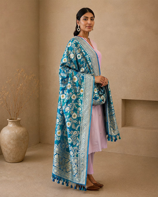 Teal Peacock Pure Katan Dupatta with Meenakari Floral Jaal Weaving