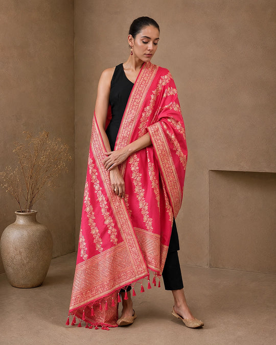 Rosette Coral Dual Shade Pure Katan Dupatta with Peacock Floral Weaving