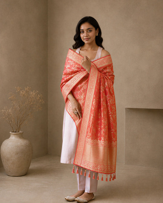 Coral Orange Pure Katan Dupatta with Meenakari Floral Jaal Weaving