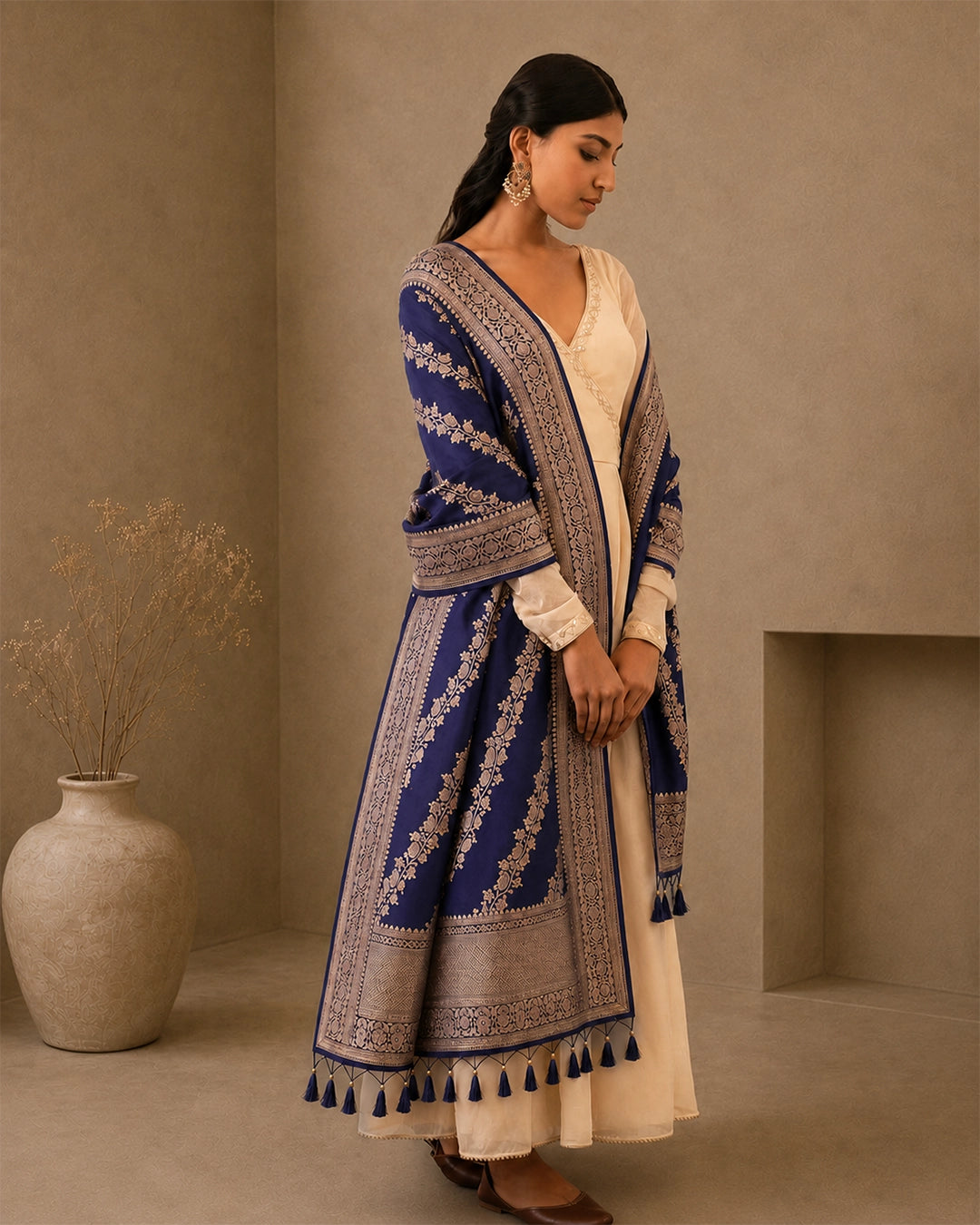 Royal Navy Pure Katan Dupatta with Diagonal Floral Zari Bel Weaving