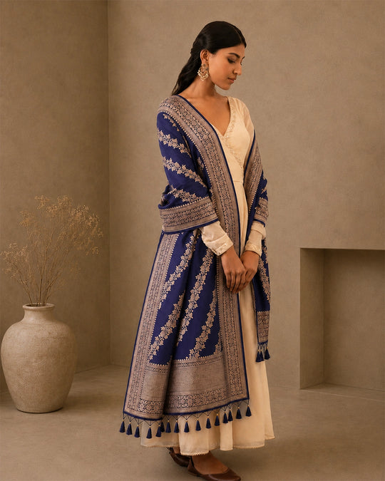 Royal Navy Pure Katan Dupatta with Diagonal Floral Zari Bel Weaving