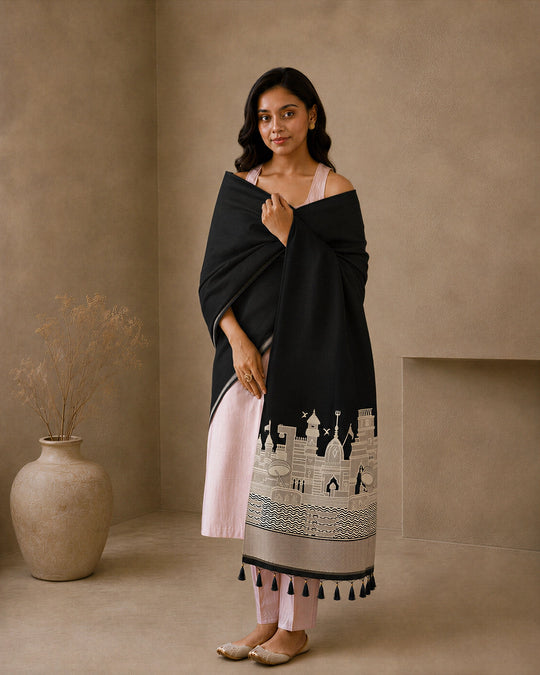 Black Pure Katan Dupatta with Heritage Kashi Skyline Weaving
