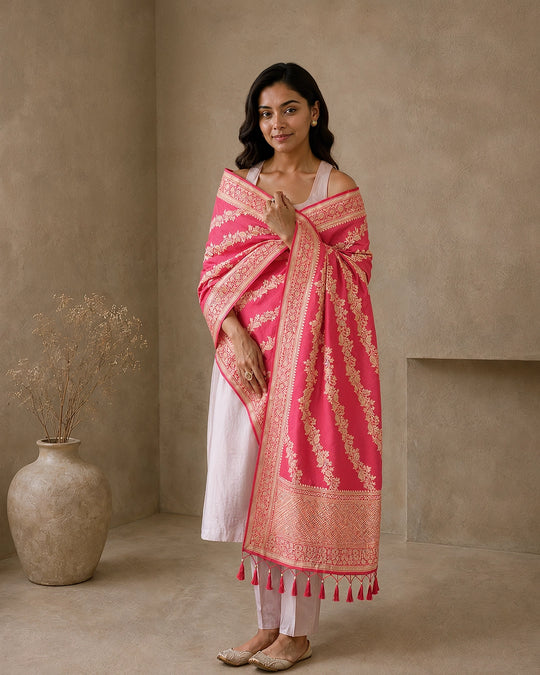 Rosette Coral Dual Shade Pure Katan Dupatta with Peacock Floral Weaving